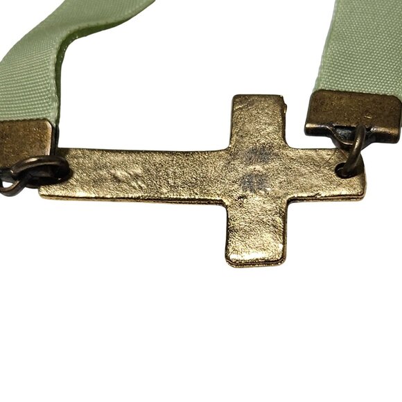 Gold Cross Bracelet Green Ribbon Chain Adjustable Length Antique Finish Jewelry - Picture 4 of 6